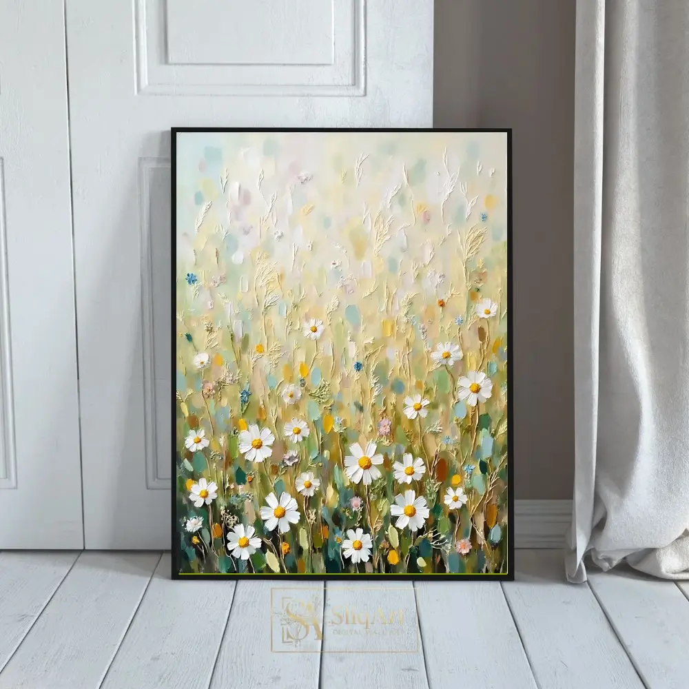 Impressionist Daisy Meadow Canvas Art - Textured Floral Wall Decor