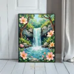 LAN a waterfall painted landscape scene featuring a tranquil setting with a waterfall rocks and pink flowers 024
