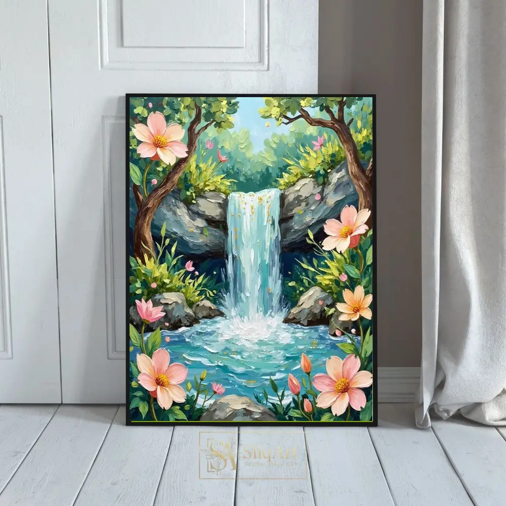 Enchanting Waterfall Garden Impasto Oil Painting