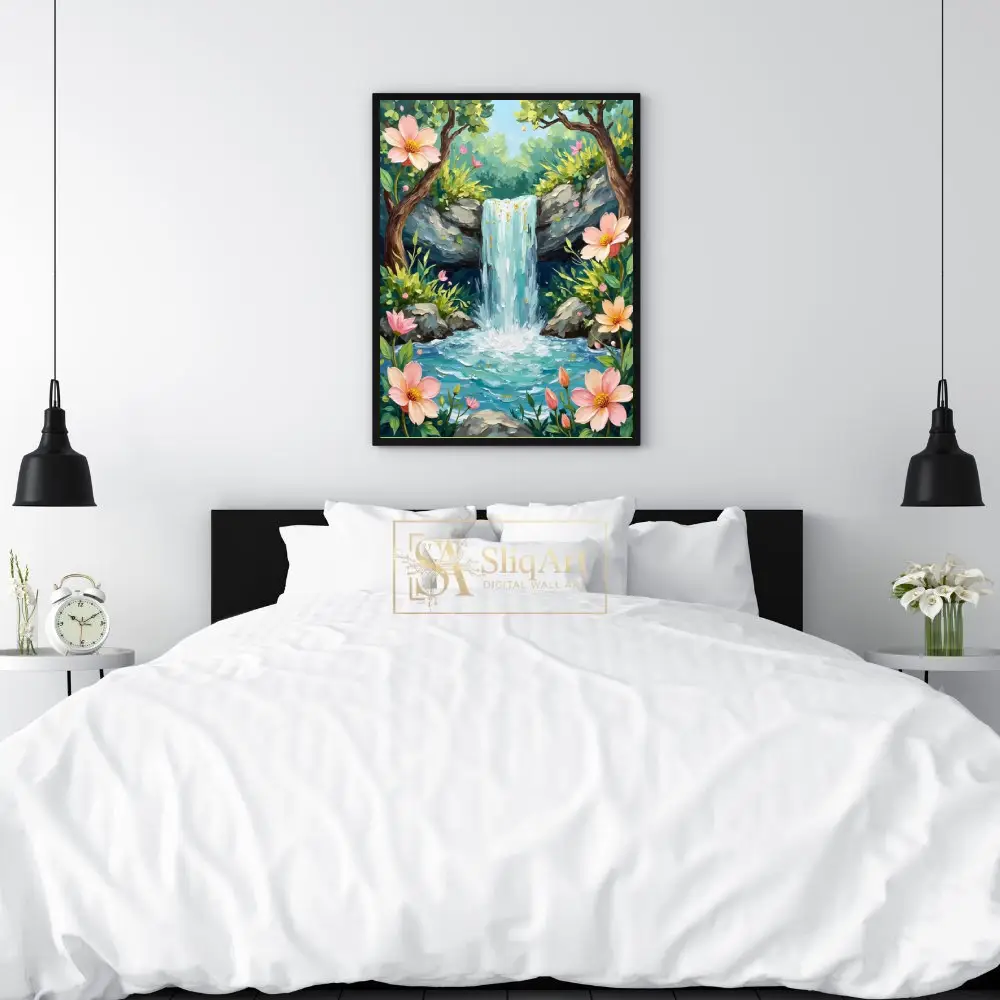 LAN-a-waterfall-painted-landscape-scene-featuring-a-tranquil-setting-with-a-waterfall-rocks-and-pink-flowers-024-02 LAN a waterfall painted landscape scene featuring a tranquil setting with a waterfall rocks and pink flowers 024