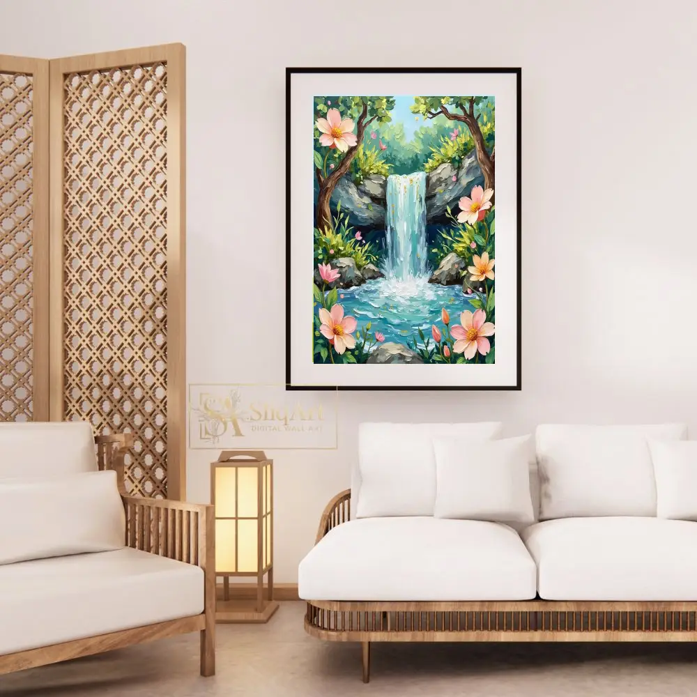 LAN-a-waterfall-painted-landscape-scene-featuring-a-tranquil-setting-with-a-waterfall-rocks-and-pink-flowers-024-03 LAN a waterfall painted landscape scene featuring a tranquil setting with a waterfall rocks and pink flowers 024