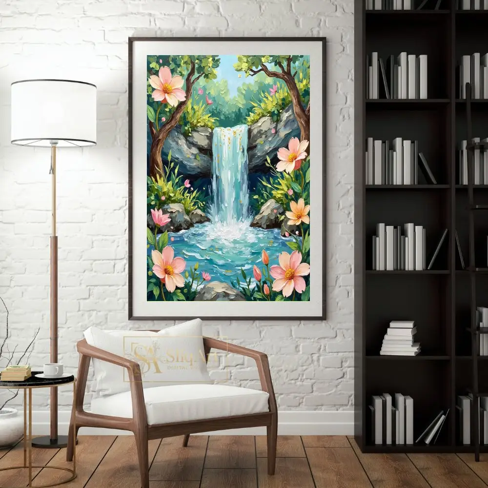 LAN-a-waterfall-painted-landscape-scene-featuring-a-tranquil-setting-with-a-waterfall-rocks-and-pink-flowers-024-04 LAN a waterfall painted landscape scene featuring a tranquil setting with a waterfall rocks and pink flowers 024