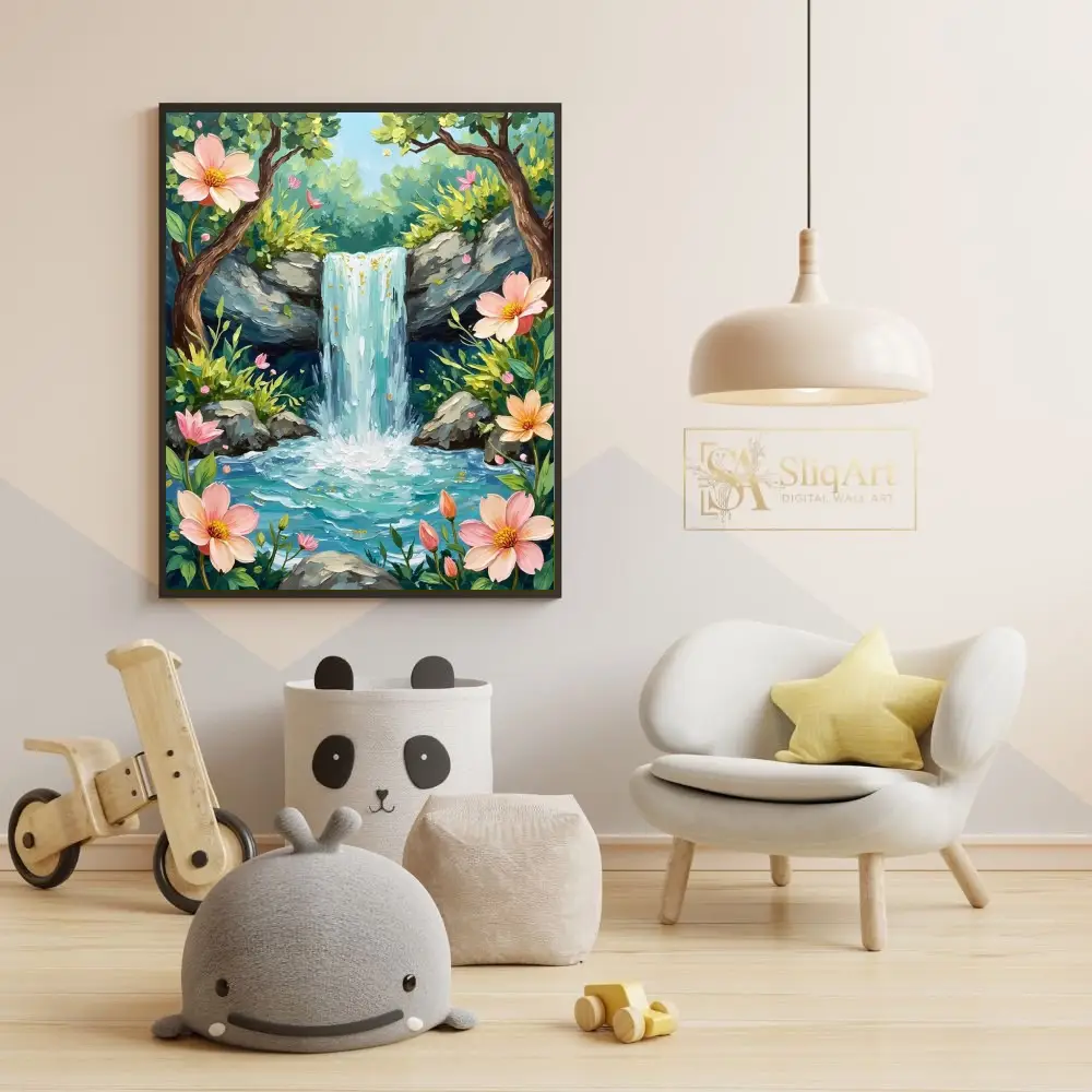 LAN-a-waterfall-painted-landscape-scene-featuring-a-tranquil-setting-with-a-waterfall-rocks-and-pink-flowers-024-05 LAN a waterfall painted landscape scene featuring a tranquil setting with a waterfall rocks and pink flowers 024