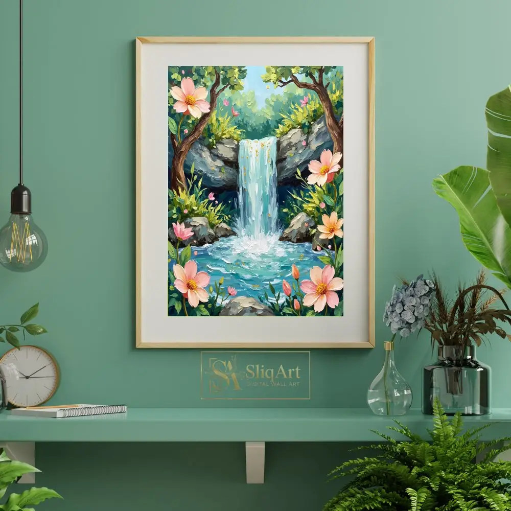 LAN-a-waterfall-painted-landscape-scene-featuring-a-tranquil-setting-with-a-waterfall-rocks-and-pink-flowers-024-06 LAN a waterfall painted landscape scene featuring a tranquil setting with a waterfall rocks and pink flowers 024