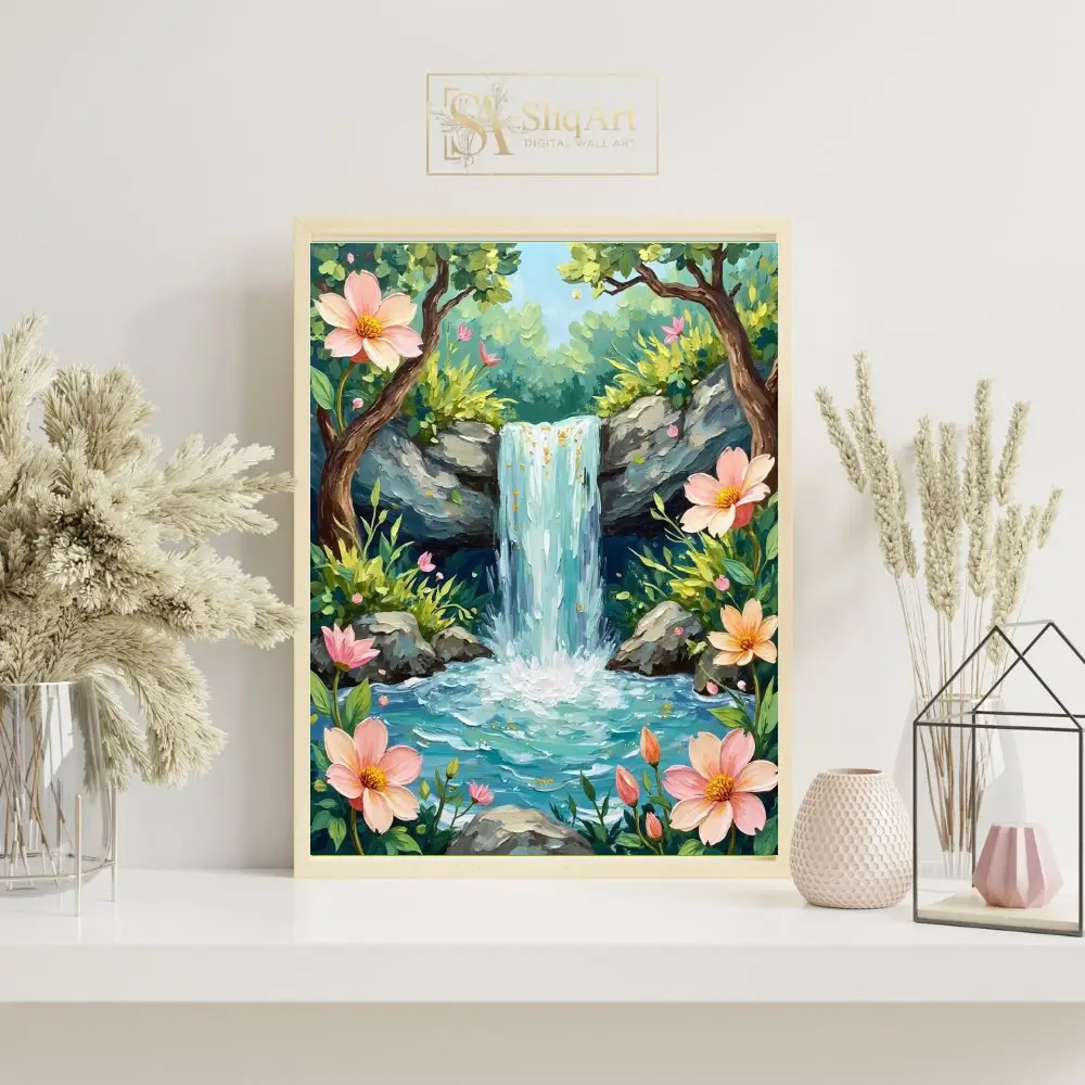 LAN-a-waterfall-painted-landscape-scene-featuring-a-tranquil-setting-with-a-waterfall-rocks-and-pink-flowers-024-07 LAN a waterfall painted landscape scene featuring a tranquil setting with a waterfall rocks and pink flowers 024