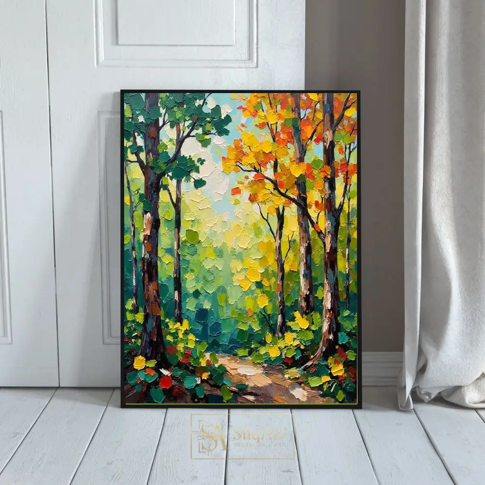 Vibrant Autumn Forest Path - Impressionist Palette Knife Canvas Art