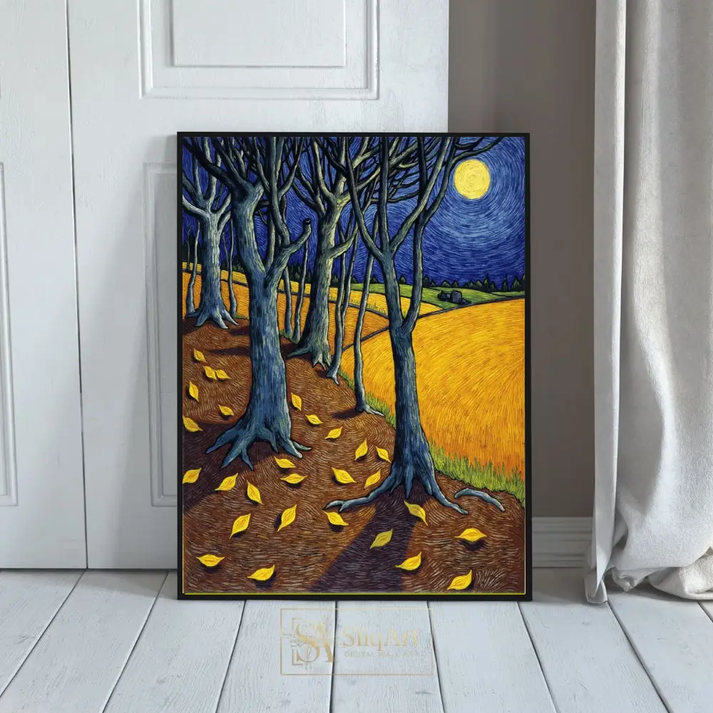 Midnight Harvest Moon Forest Canvas Wall Art - Van Gogh Style