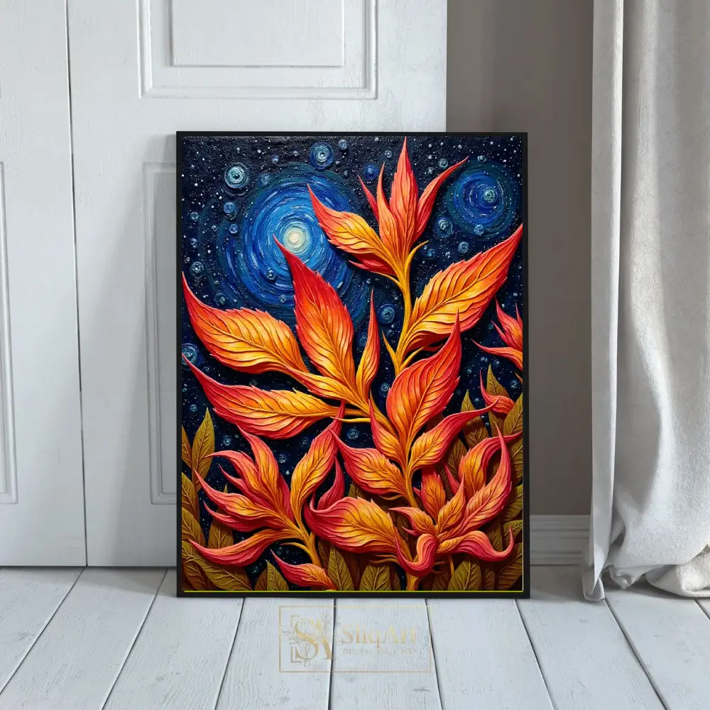 Celestial Flora Canvas Art - Vibrant Orange Leaves & Swirling Night Sky