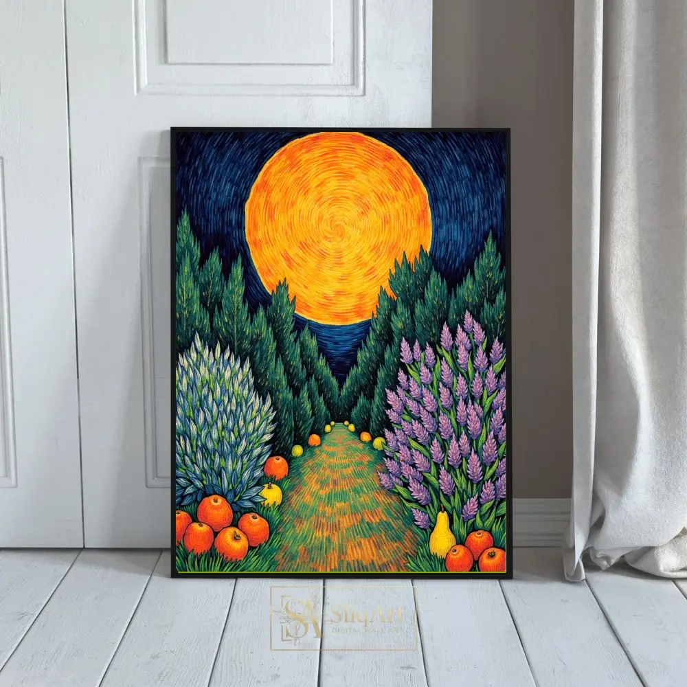 Celestial Path Impressionist Canvas - Vibrant Moon & Orchard Art