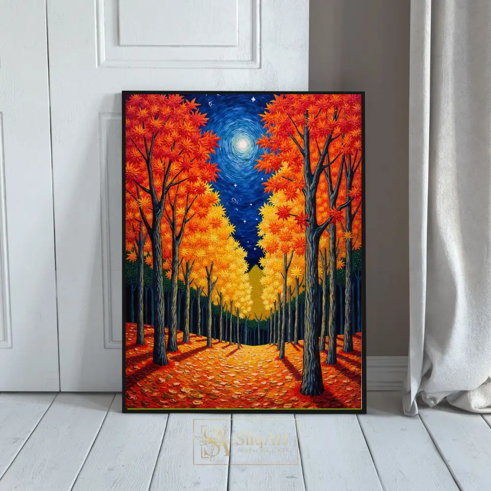 Celestial Autumn Forest: Impressionist Night Landscape Art