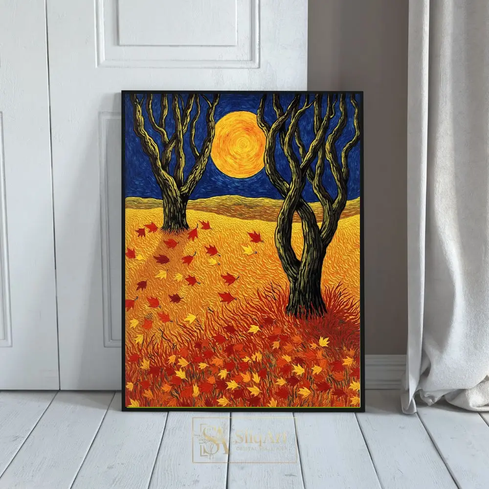 Autumn Night Harvest Moon Canvas Art - Impressionist Tree Landscape