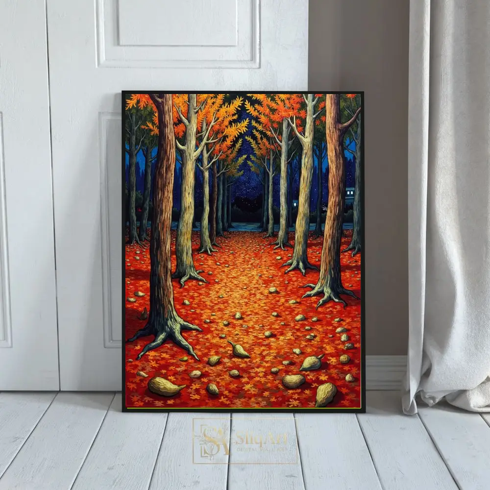 Autumn Night Forest Path Wall Art - Vibrant Orange & Deep Blue Canvas
