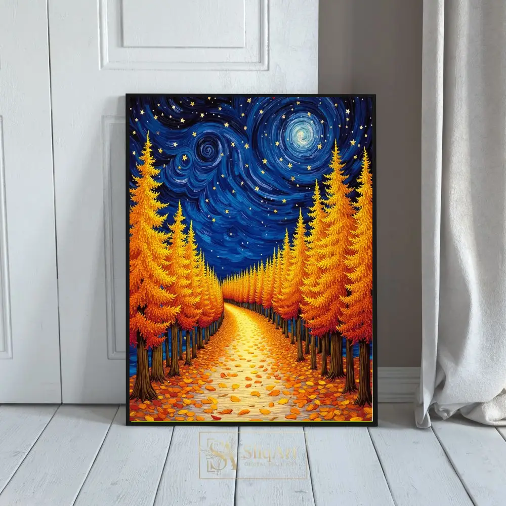 Starry Night Golden Forest Path Wall Art - Post-Impressionist Landscape