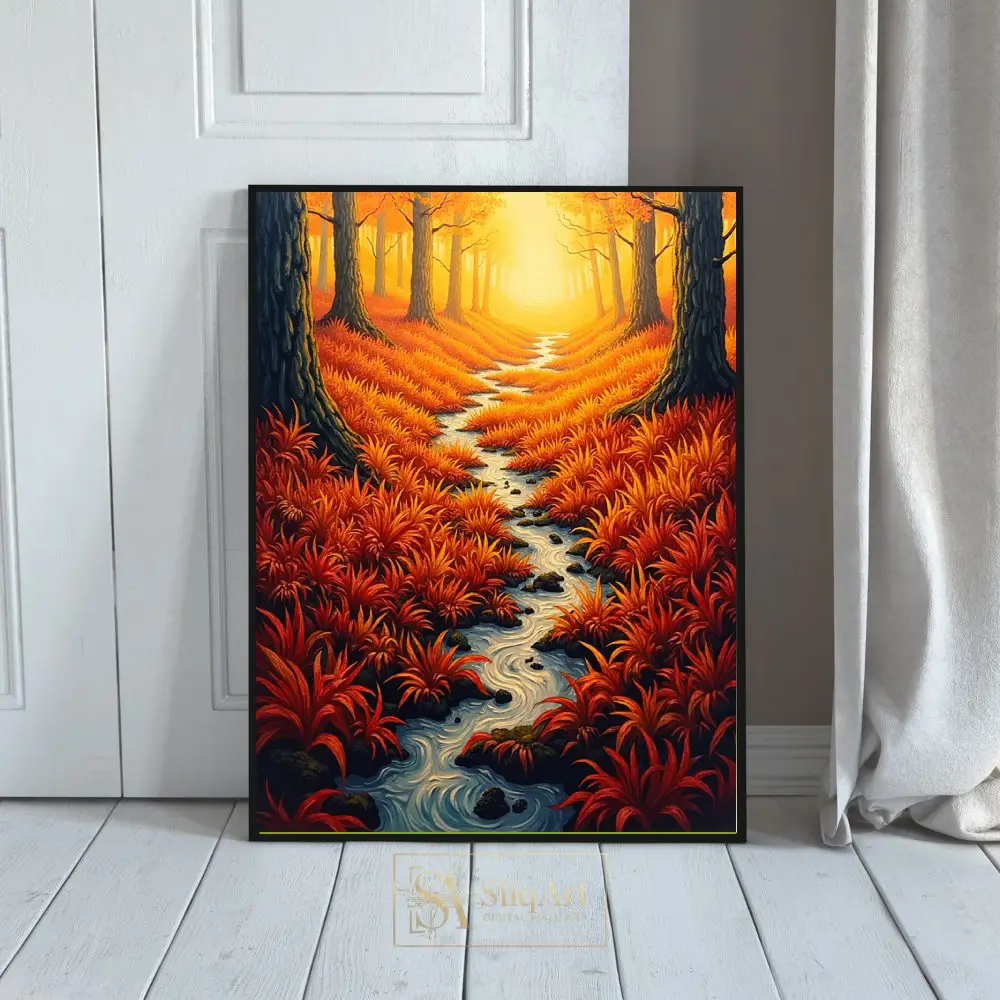 Vibrant Autumn Forest River Sunset Art Print