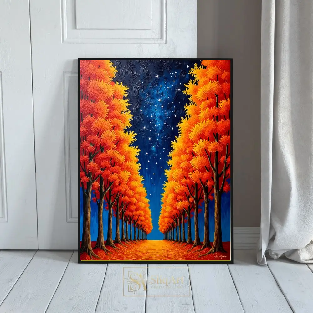 Celestial Autumn Forest Path Canvas Wall Art - Starry Night Trees