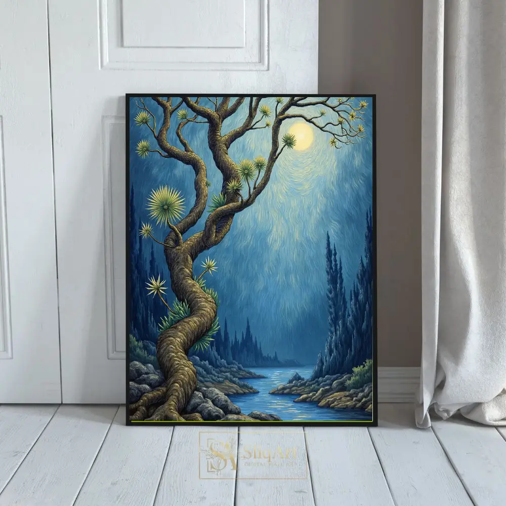 Celestial Tree at Night Canvas Print - Surreal Moonlit River Landscape Art
