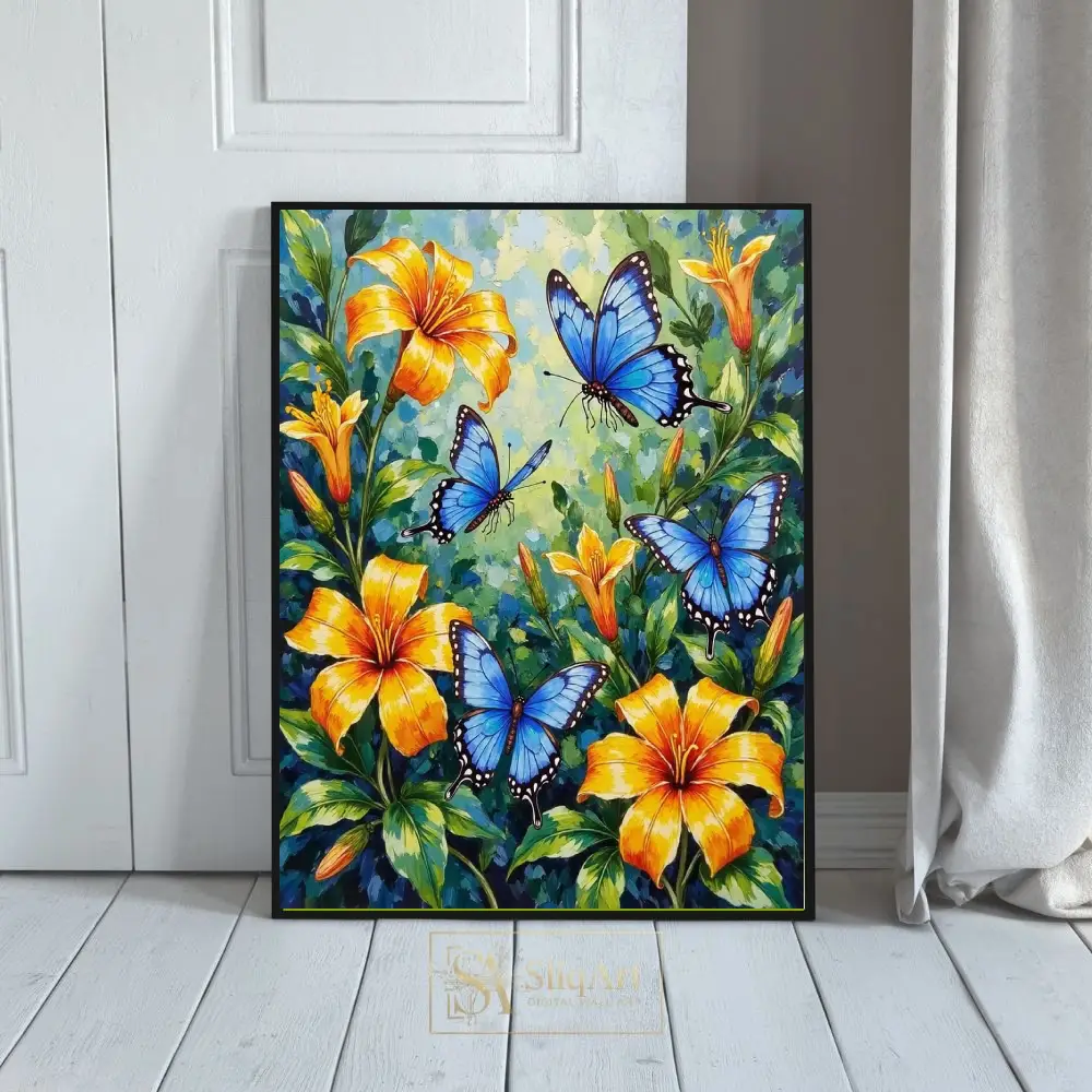 Vibrant Orange Lilies and Blue Butterfly Canvas Art - Nature's Dance
