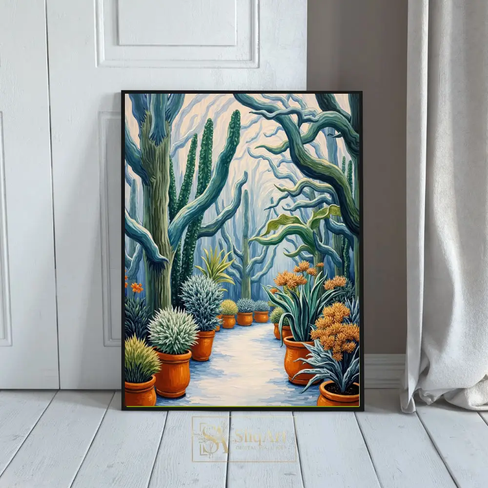 Enchanted Azure Cactus Garden: Surreal Botanical Wall Art