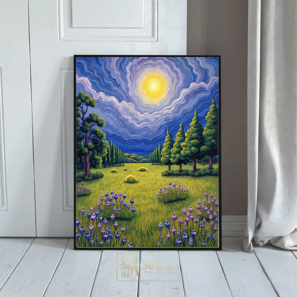 Van Gogh Inspired Sunlit Meadow Art - Vibrant Post-Impressionist Landscape