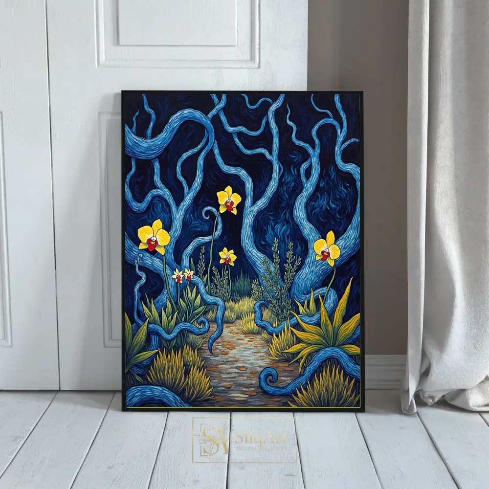 Enchanted Blue Forest with Yellow Orchids Surreal Wall Art