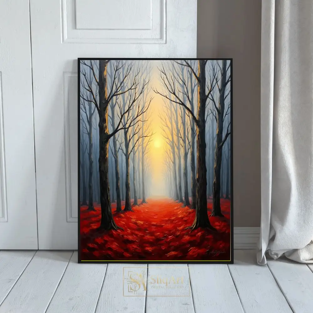 Crimson Path Forest Wall Art | Ethereal Autumn Woods Canvas Print
