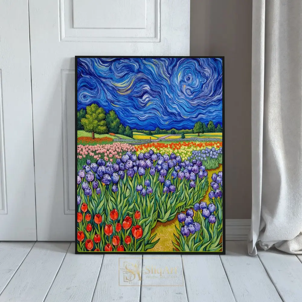 Van Gogh Style Floral Landscape Wall Art - Swirling Sky Flower Field Canvas