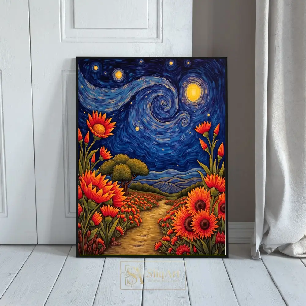 Starry Night Floral Landscape Canvas Print - Post-Impressionist Wall Art