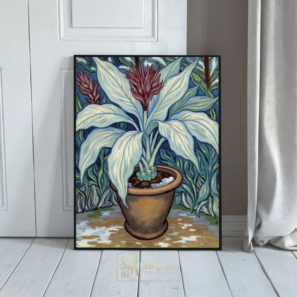 Impressionist Potted Plant Art Print - Pale Blue & Maroon Botanical