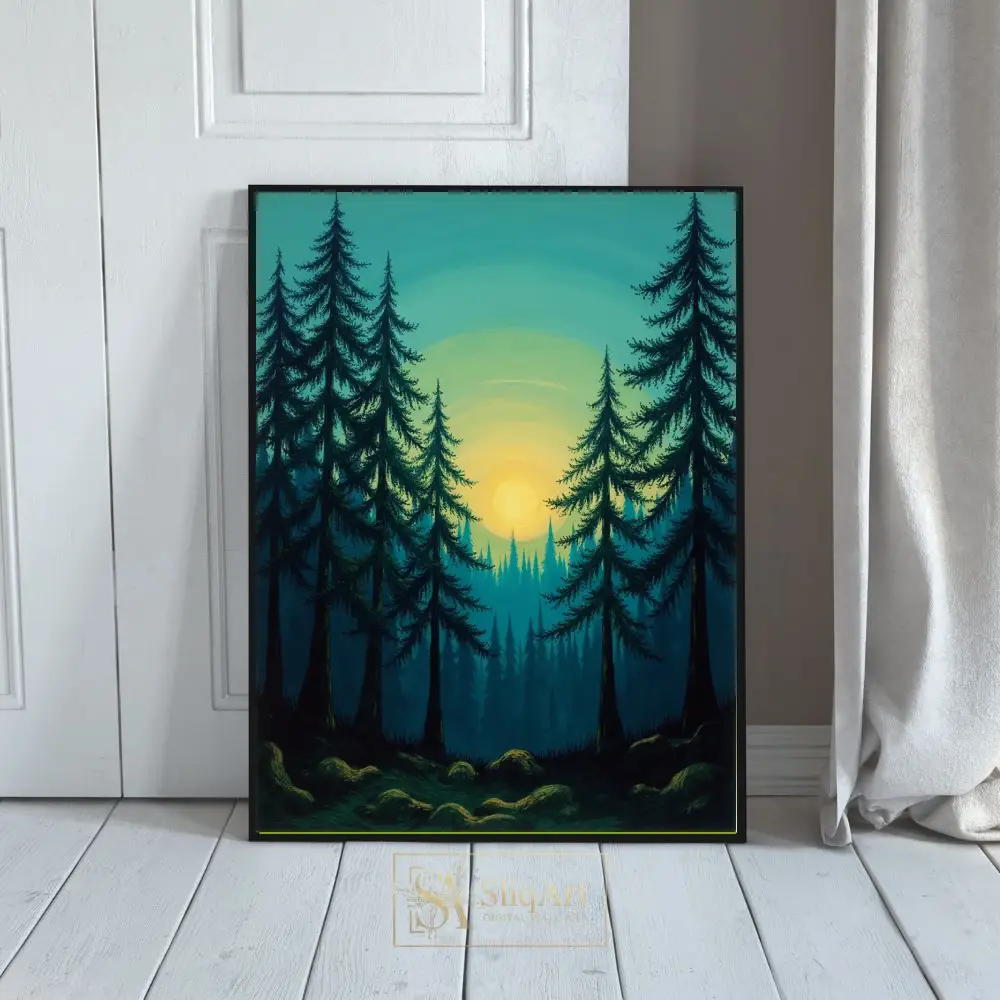 Teal Forest Sunset - Modern Pine Tree Wall Art for Serene Decor
