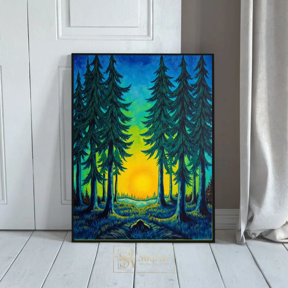 Vibrant Pine Forest Sunset Canvas Wall Art - Modern Nature Decor