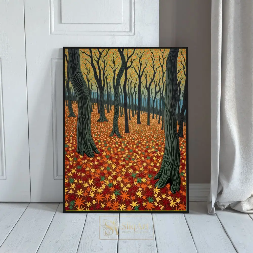 Autumn Forest Landscape Wall Art - Stylized Fall Leaves & Woodland Trees Canvas