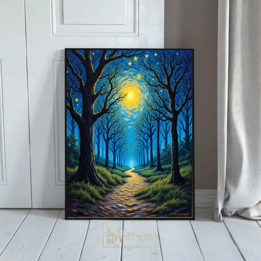 Celestial Forest Path Starry Night Inspired Canvas Art