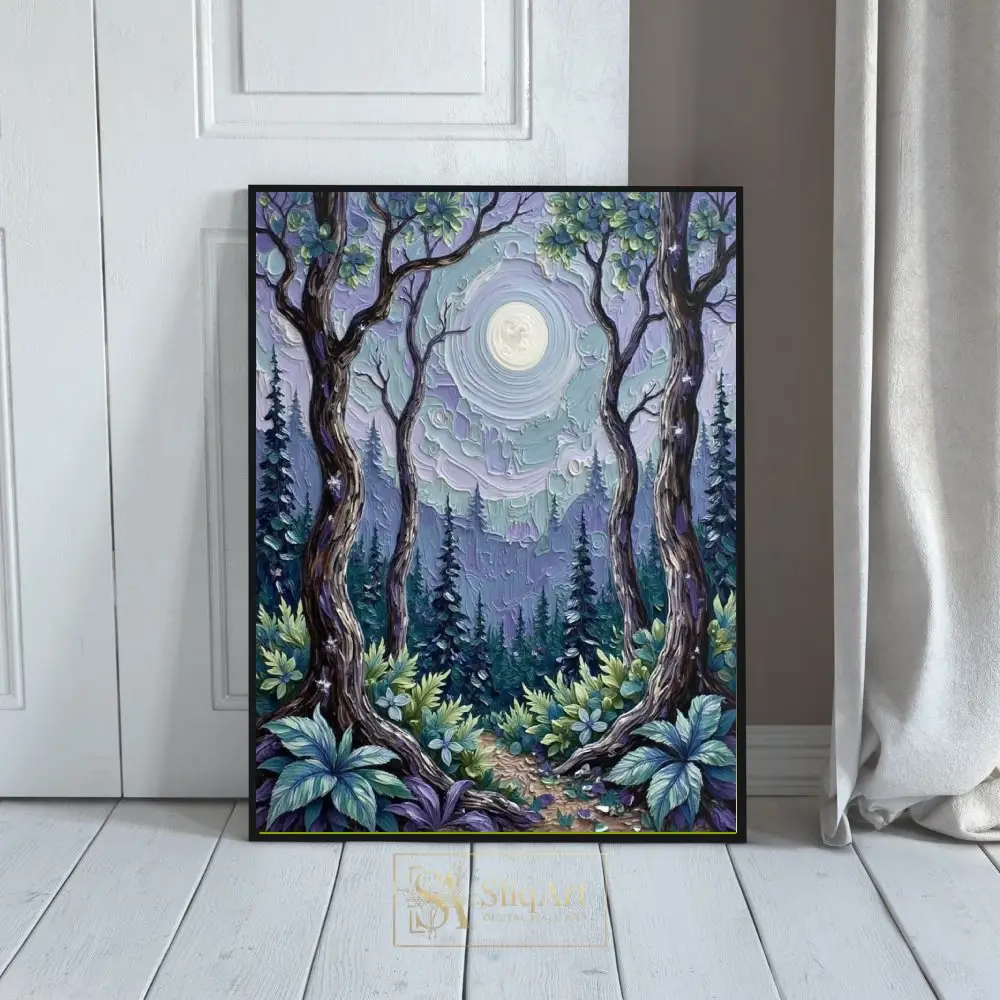 Impasto Moonlit Enchanted Forest Canvas Art - Purple and Teal Textured Landscape