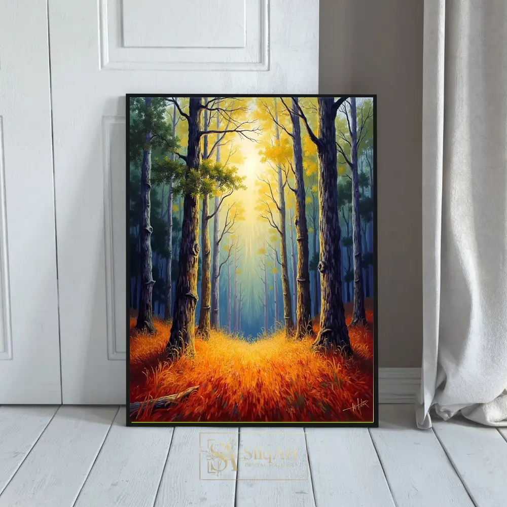 Radiant Forest Path Canvas Art - Golden Morning Light Landscape