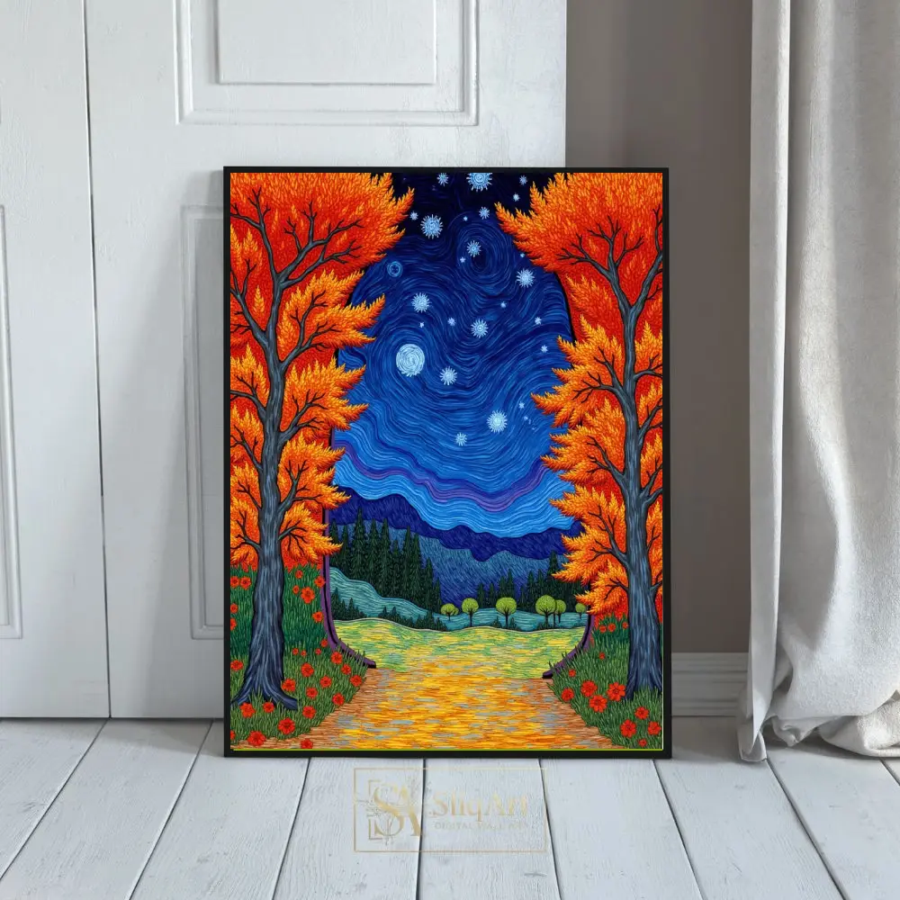 Celestial Autumn Path: Starry Night Forest Wall Art