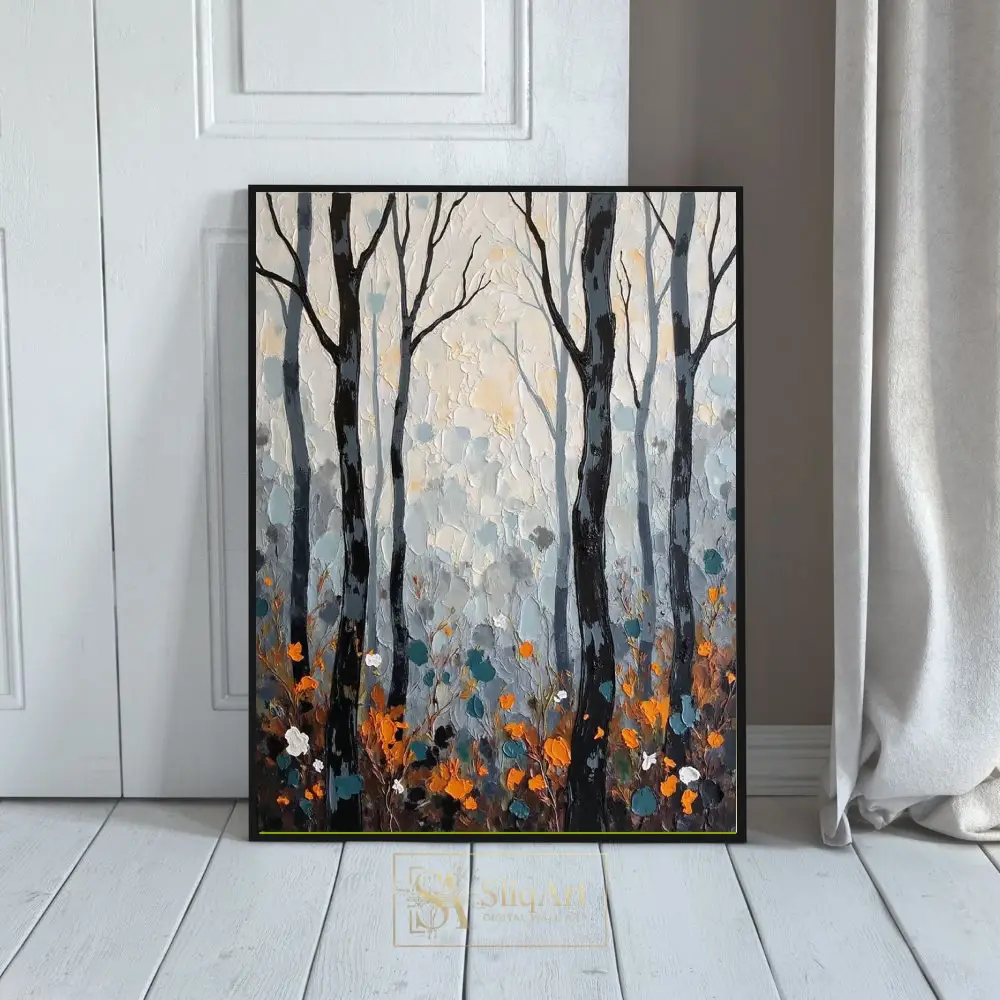 Abstract Winter Forest Impasto Wall Art - Textured Tree Landscape