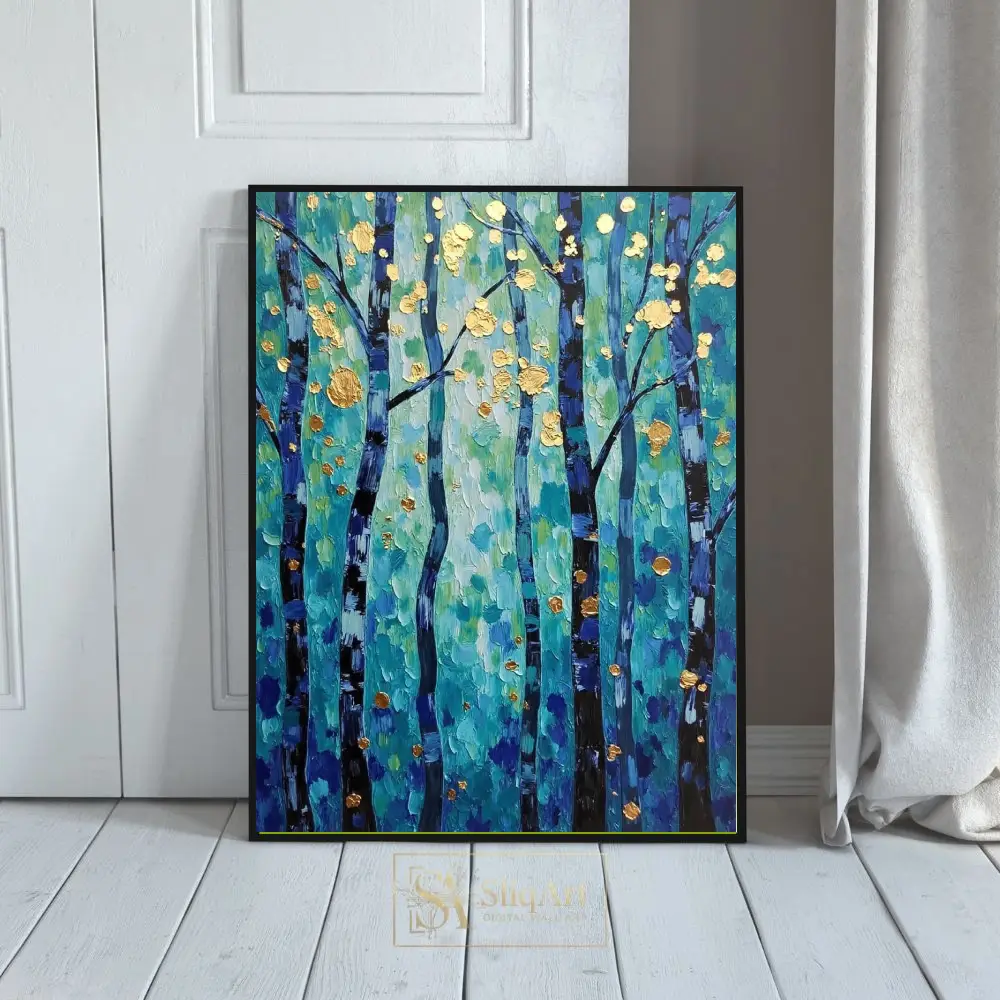 Blue and Gold Abstract Forest Wall Art - Impressionist Birch Tree Canvas