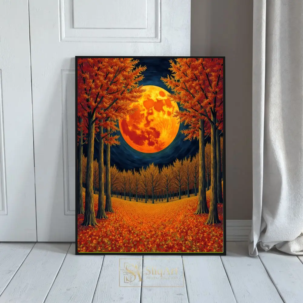 Autumn Harvest Moon Forest Canvas Art - Vibrant Fall Landscape