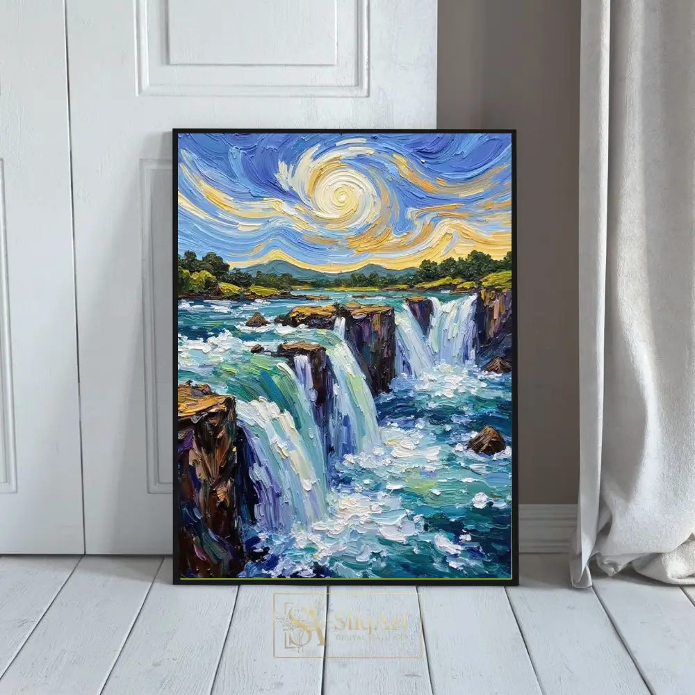 Impressionist Waterfall Canvas Art - Swirling Sky Impasto Painting