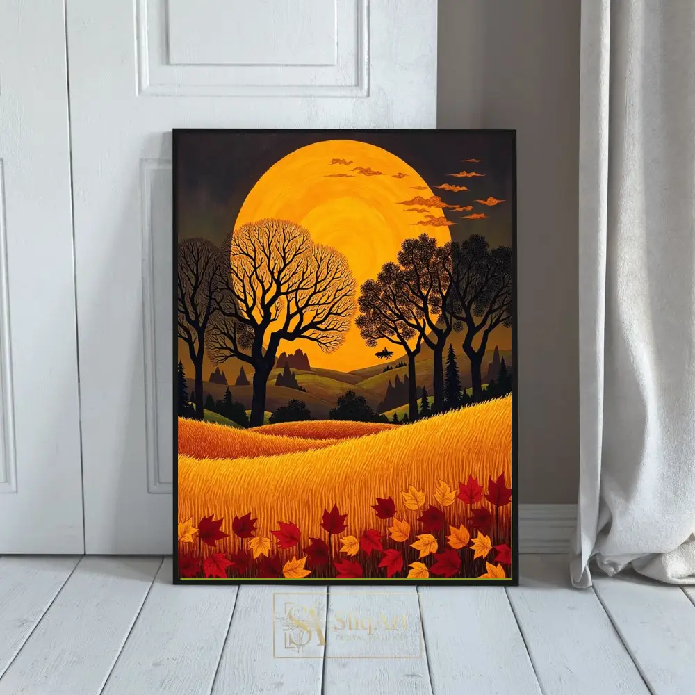 Golden Autumn Harvest Landscape Wall Art - Silhouette Trees & Giant Sun