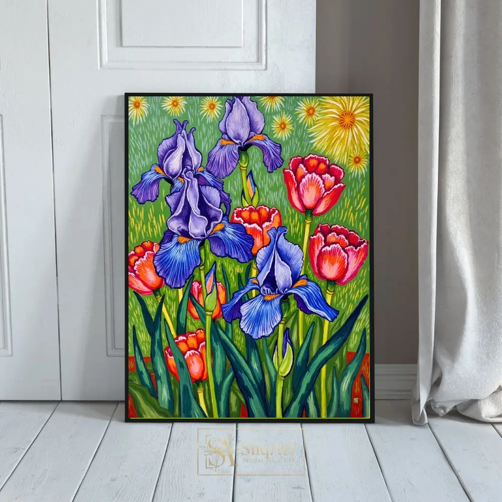Vibrant Purple Irises and Red Tulips Garden Floral Wall Art