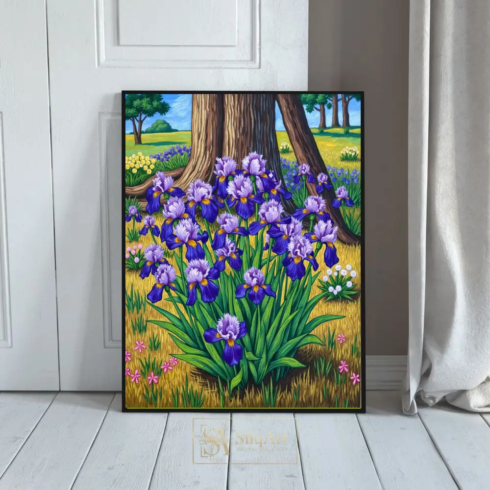 Purple Iris Garden Canvas Wall Art - Vibrant Floral Landscape