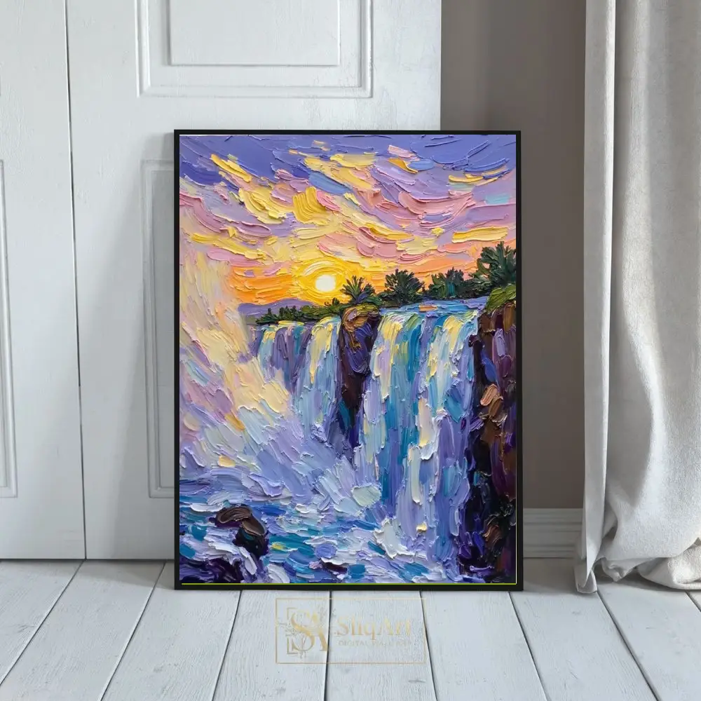 Impressionist Sunset Waterfall Textured Canvas Wall Art