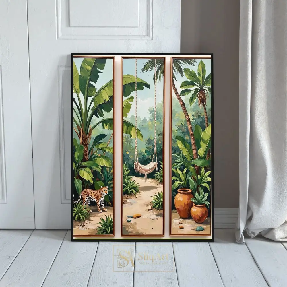 Tropical Jungle Triptych Wall Art - Leopard and Swing Hammock Illustration