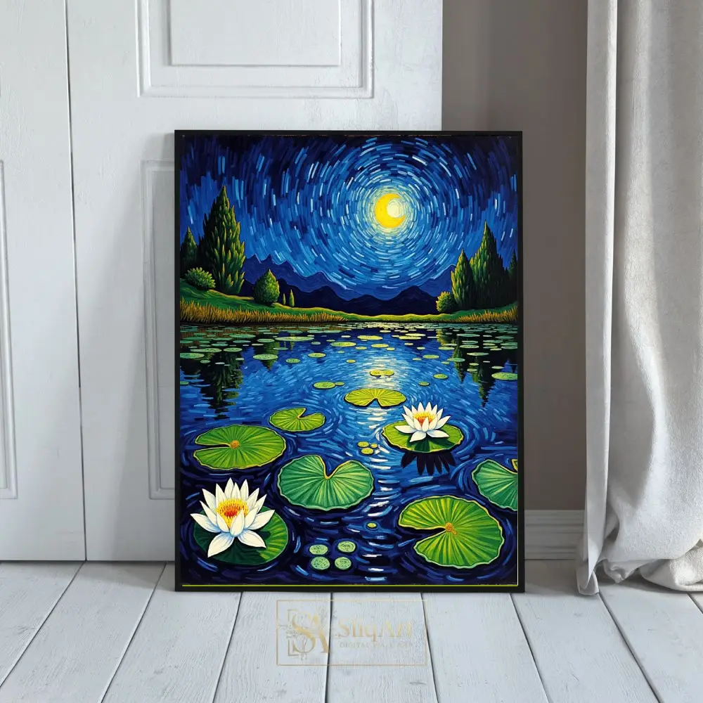 Celestial Lily Pond Impressionist Canvas Art - Starry Night Pond Decor