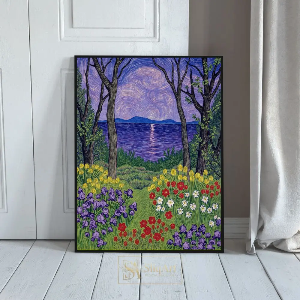 Midnight Floral Garden Overlooking Sea - Post-Impressionist Art Print