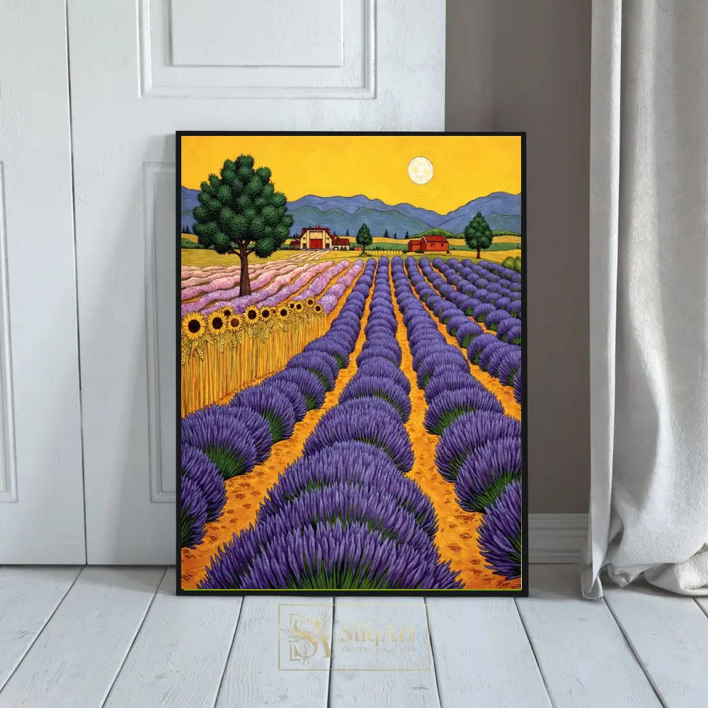 Rustic Lavender Field and Mountain Landscape Canvas Wall Art