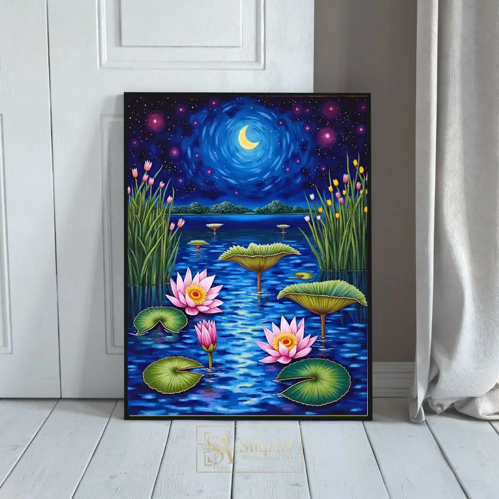 Celestial Lotus Garden Night Sky Art Print