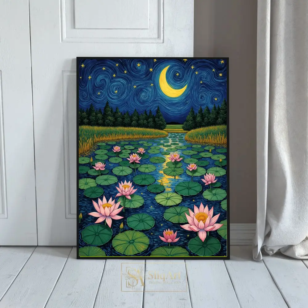 Celestial Lotus Pond Canvas Art - Starry Night Impressionist Decor