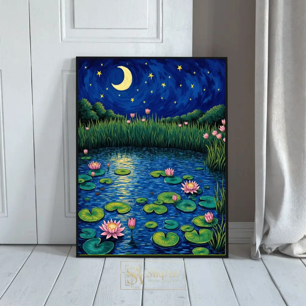 Celestial Lily Pond Night Sky Canvas Art